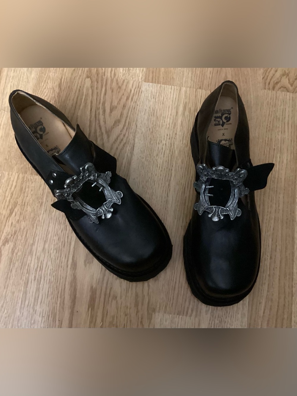 John Fluevog Black Leather Slip-On Loafers with Silver Rivet Detail - Picture 4 of 12